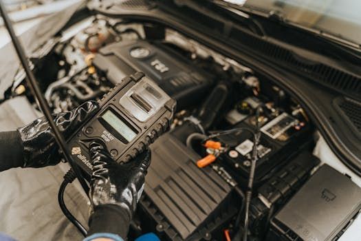 Hands in gloves holding a diagnostic device over a car engine.