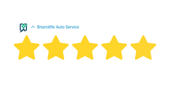 Five gold stars rating, with Briarcliffe Auto Service logo.