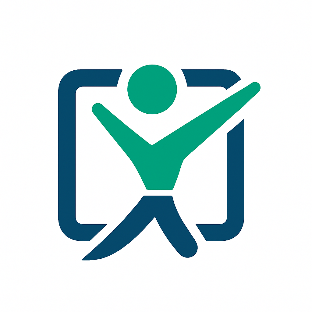 Green and blue stylized person with arms raised in a square frame.