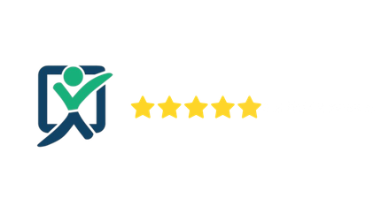 Logo: Person with a checkmark inside a square, five gold stars.