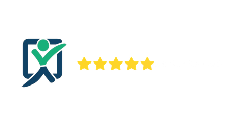 Logo: Person with a checkmark inside a square, five gold stars.