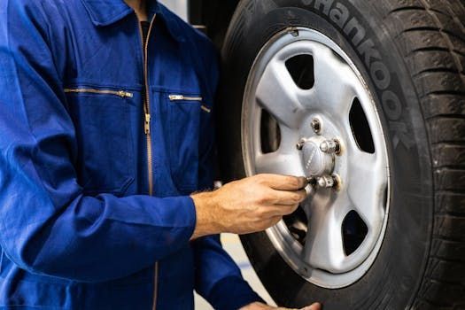 Mechanic in blue uniform tightens lug nuts on car tire in a garage.