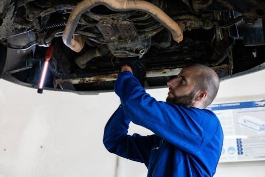 Mechanic in blue coveralls working under a car, using a light.