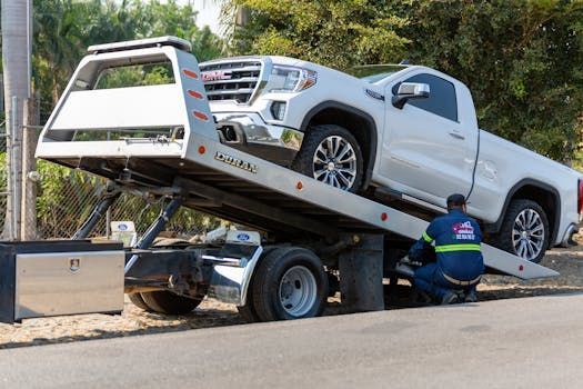 White pickup truck being loaded onto a tow truck by a worker on a sunny day.