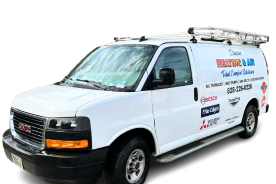 A white van with a ladder on top of it is parked on a white background.