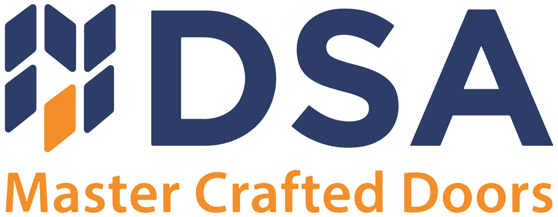 The logo for dsa master crafted doors is blue and orange.