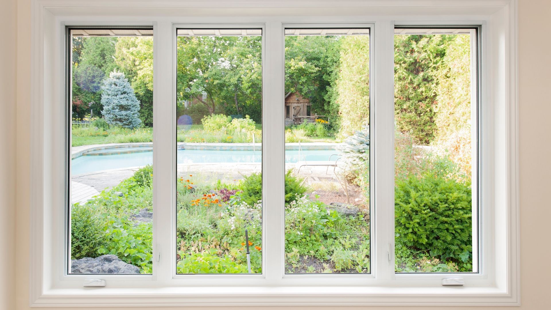 A panoramic view of a front yard from inside to highlight the Different Styles of Windows