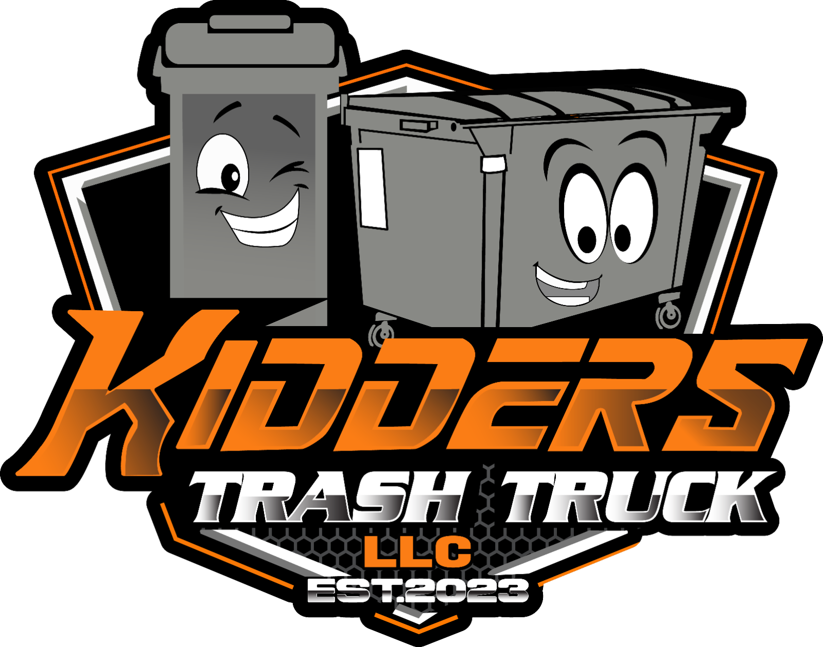 Logo for Kidder's Trash Truck LLC with two smiling gray trash bins and orange-black lettering