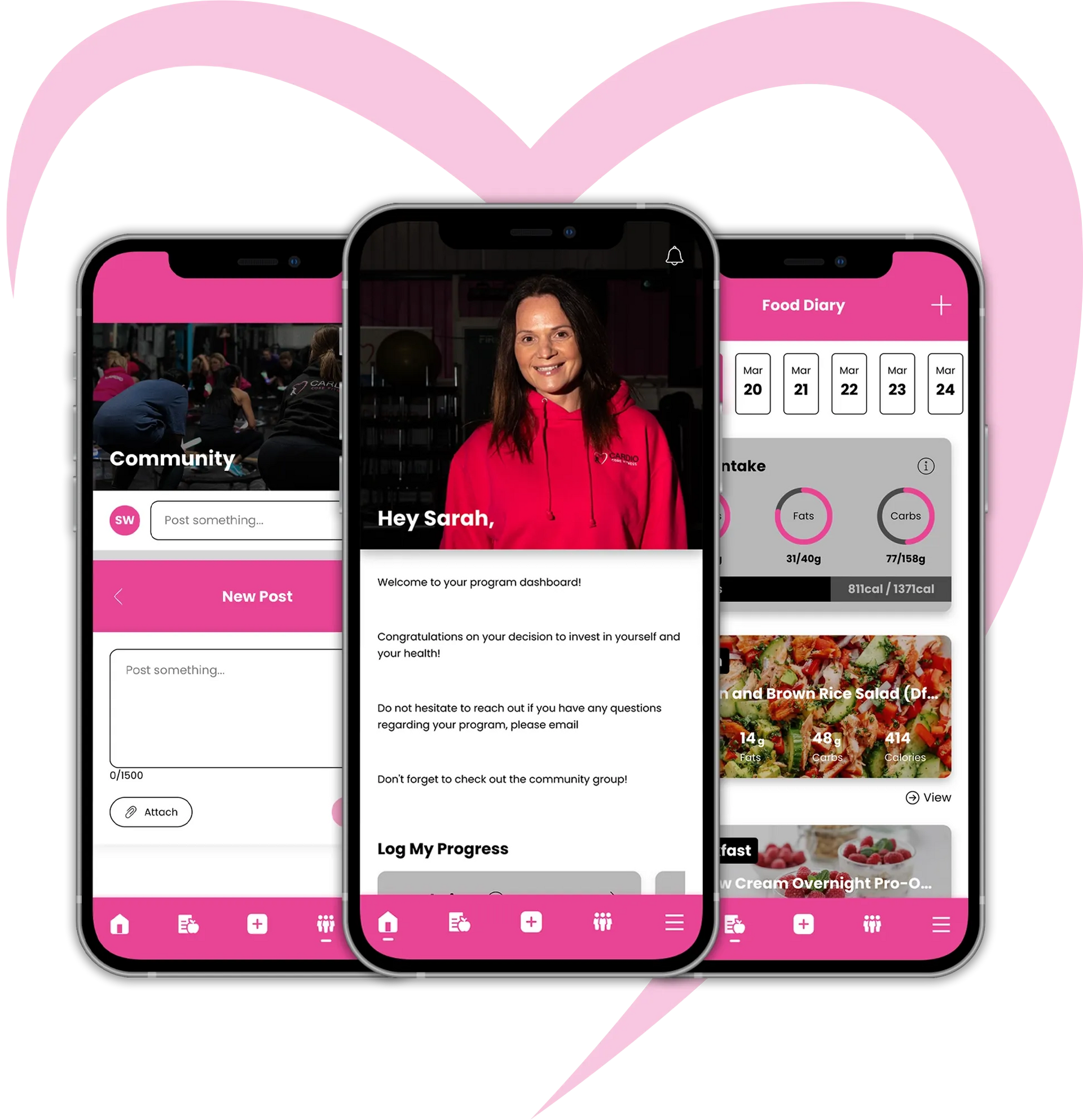Three smartphones side-by-side display a fitness mobile app interface with pink accents and social, dashboard, and log screens.