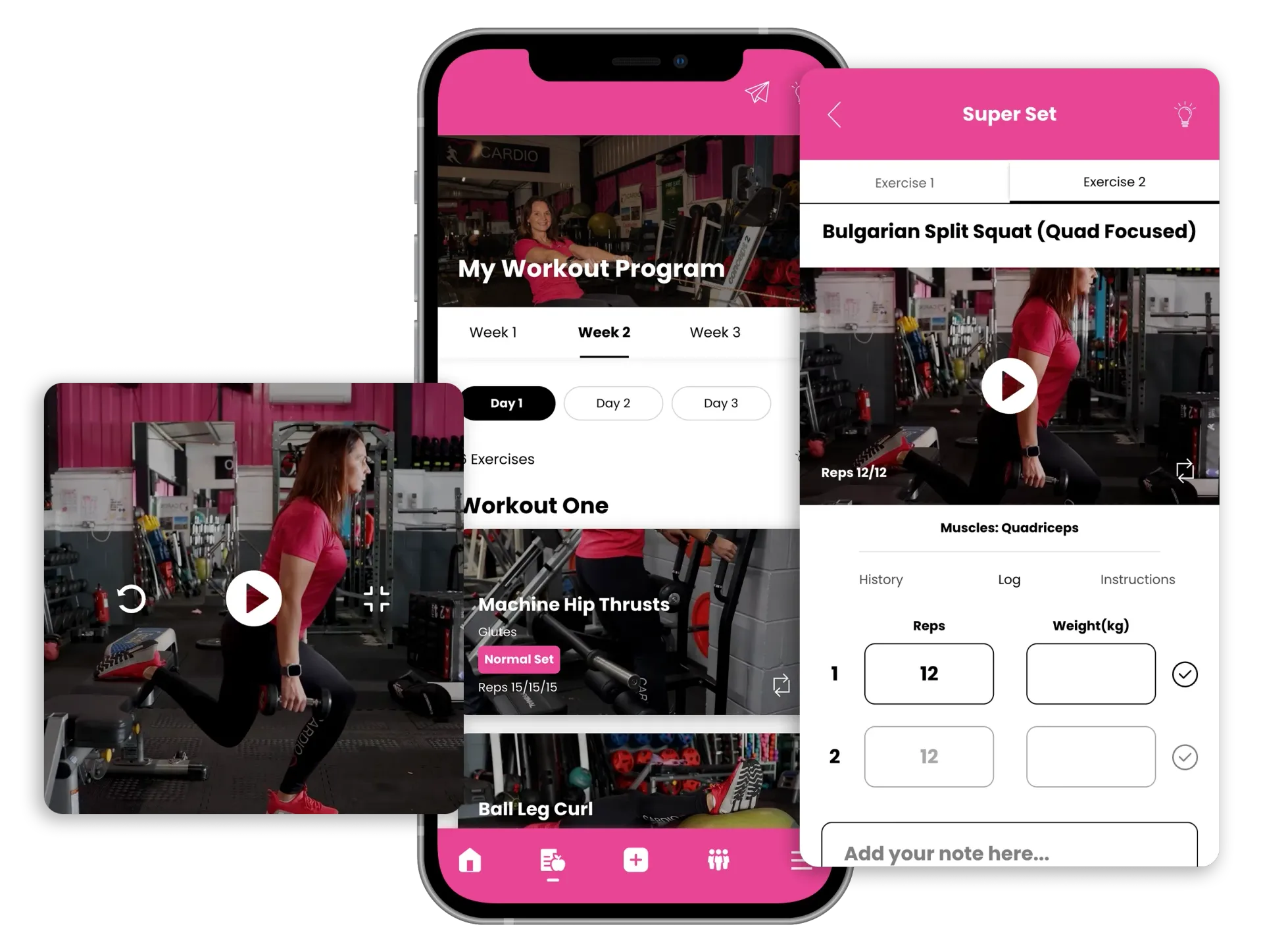 Three screens of a mobile fitness app interface displaying a workout program and exercise demonstration videos.