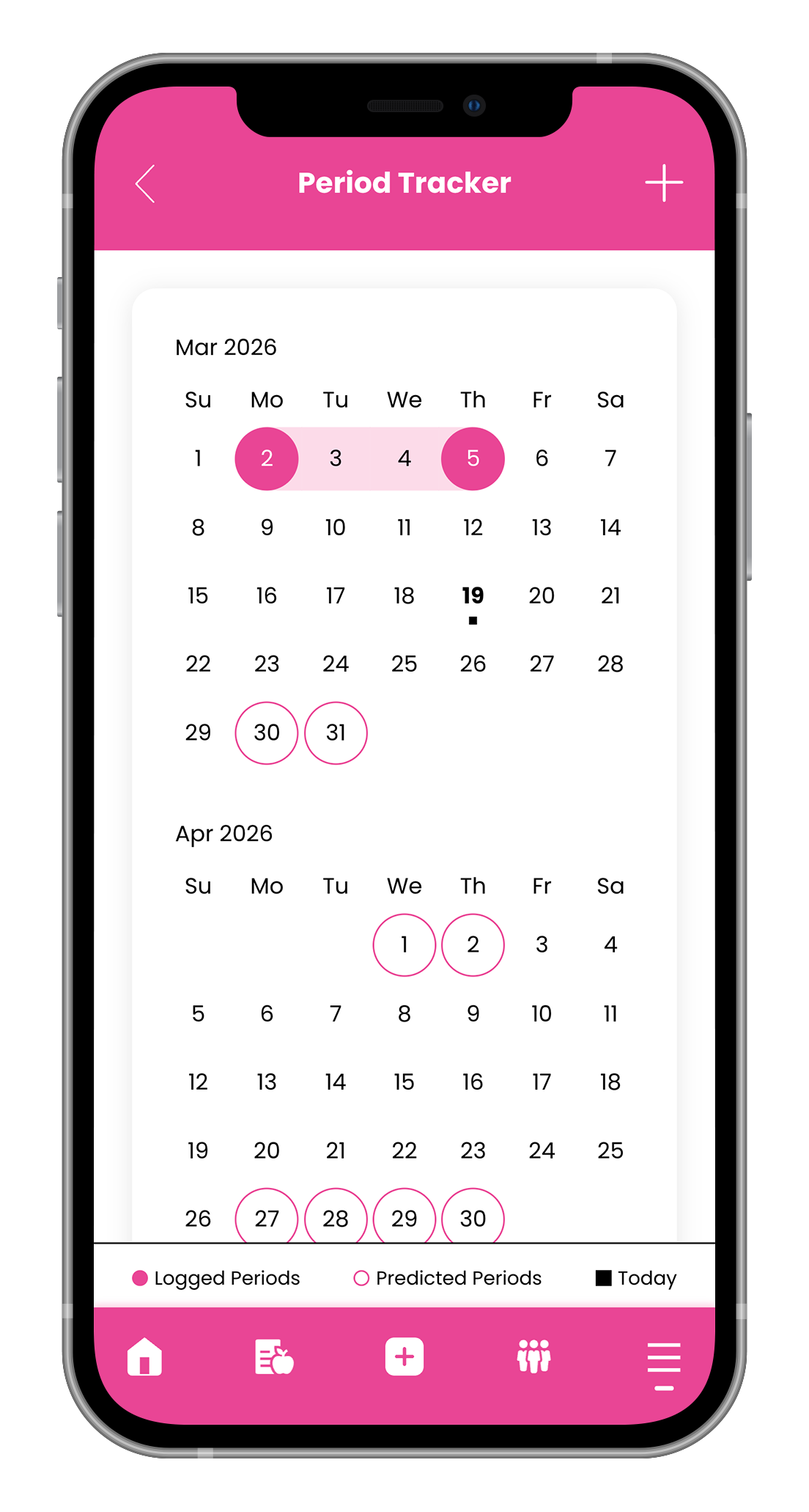 A smartphone screen displaying a Period Tracker app calendar interface with highlighted dates in pink.