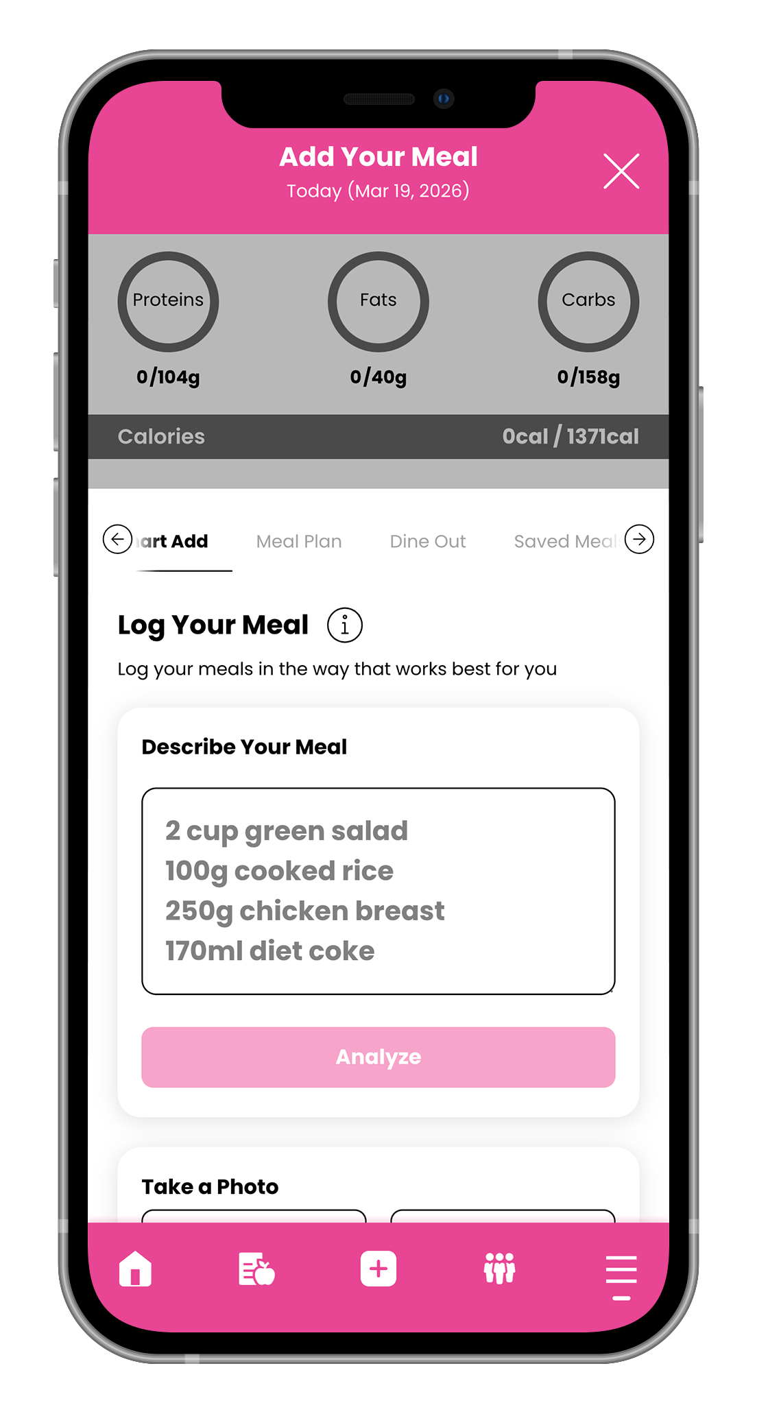 A smartphone screen showing a "Log Your Meal" app interface with a text field listing food items for a dietary log.