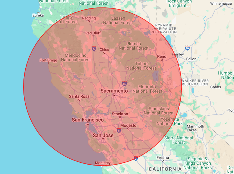 A map of california with a red circle around it.