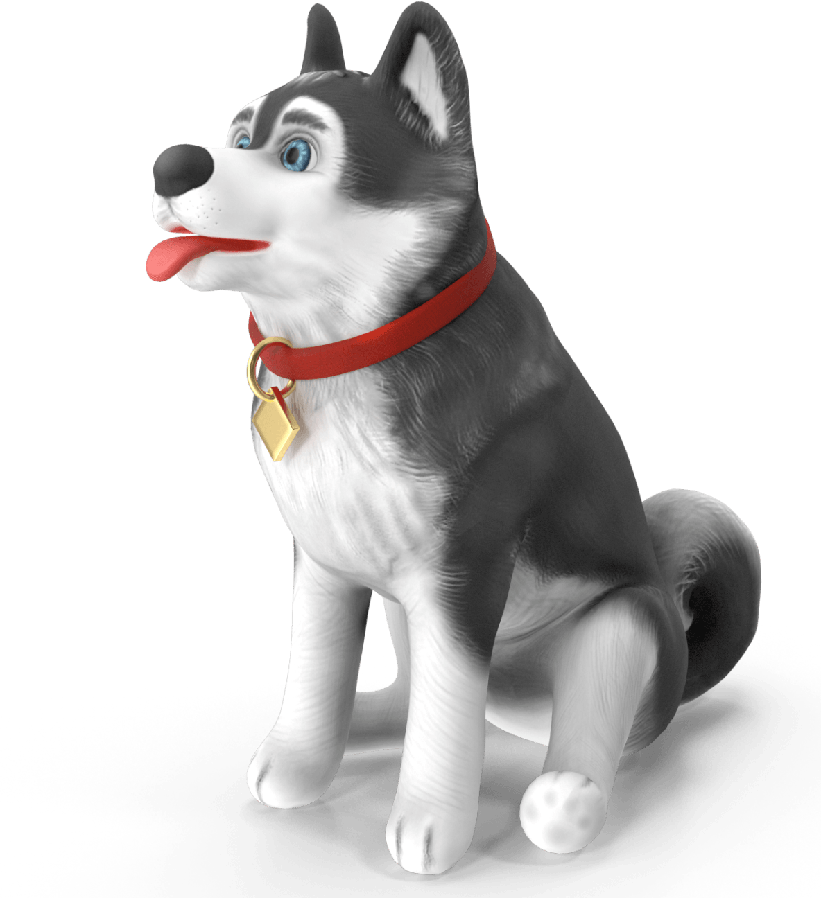 A cartoon husky dog wearing a red collar and tag