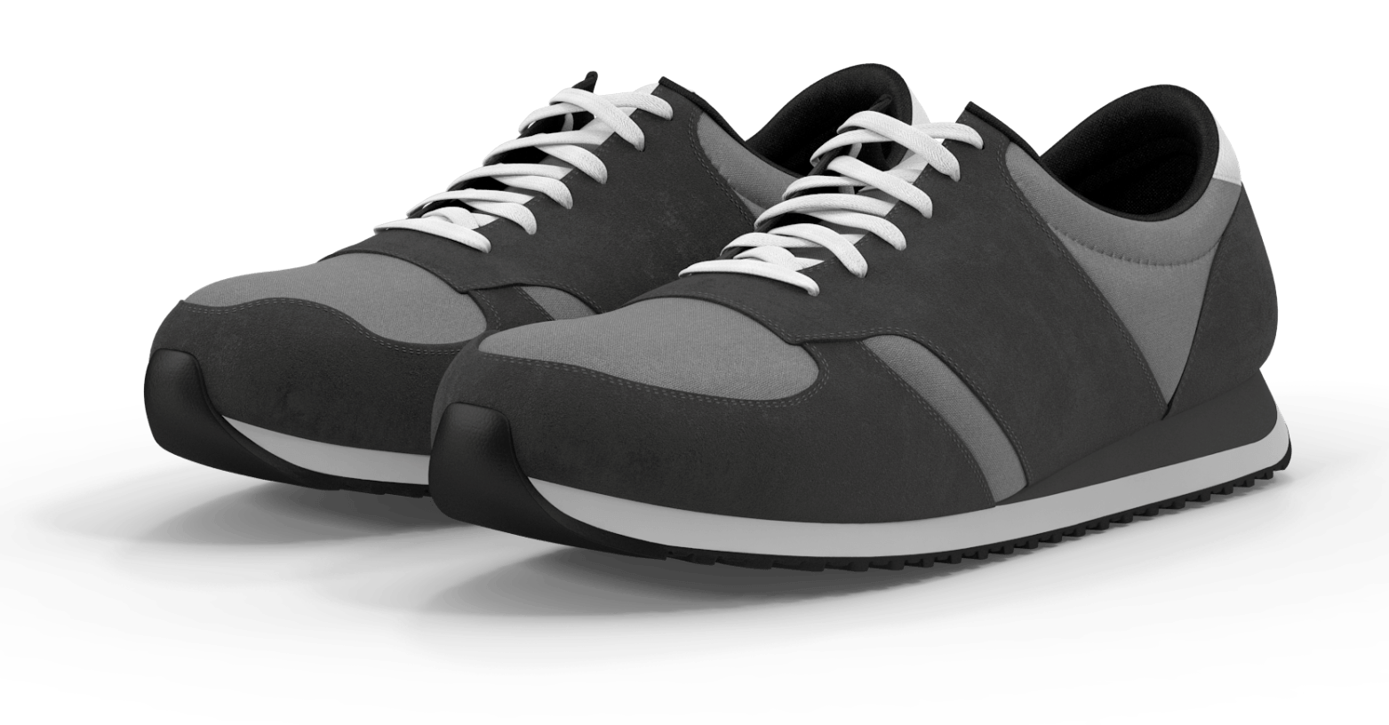 A pair of black and grey sneakers with white laces on a white background.