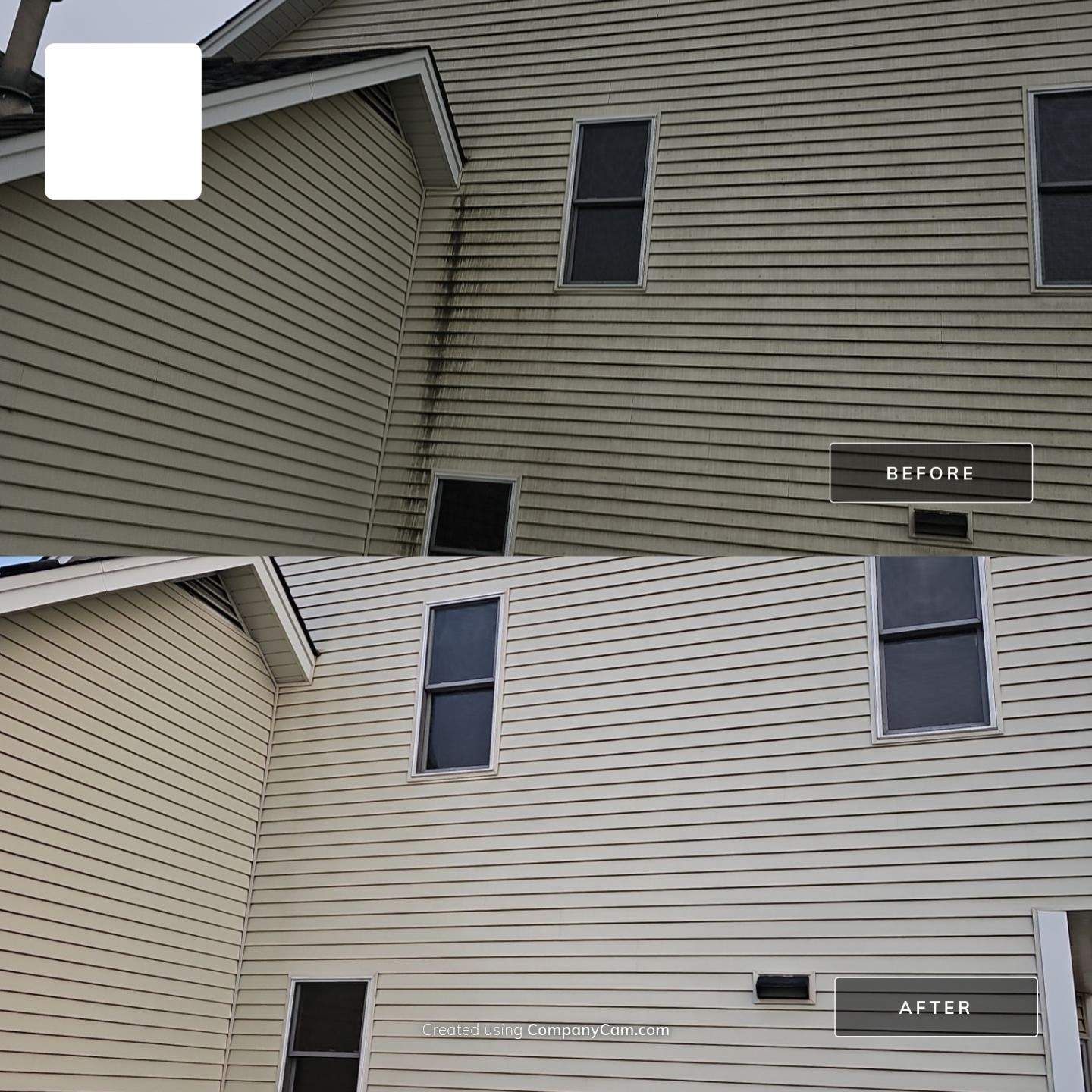 A before and after photo of a house 's siding being cleaned.