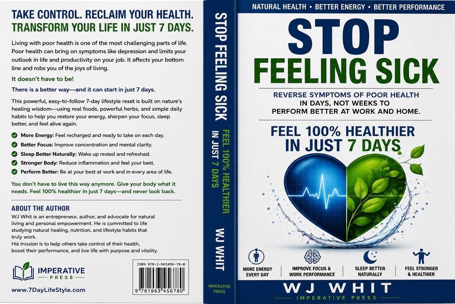 Book cover: “Stop Feeling Sick” with green shield, white background, and health claims on front and spine