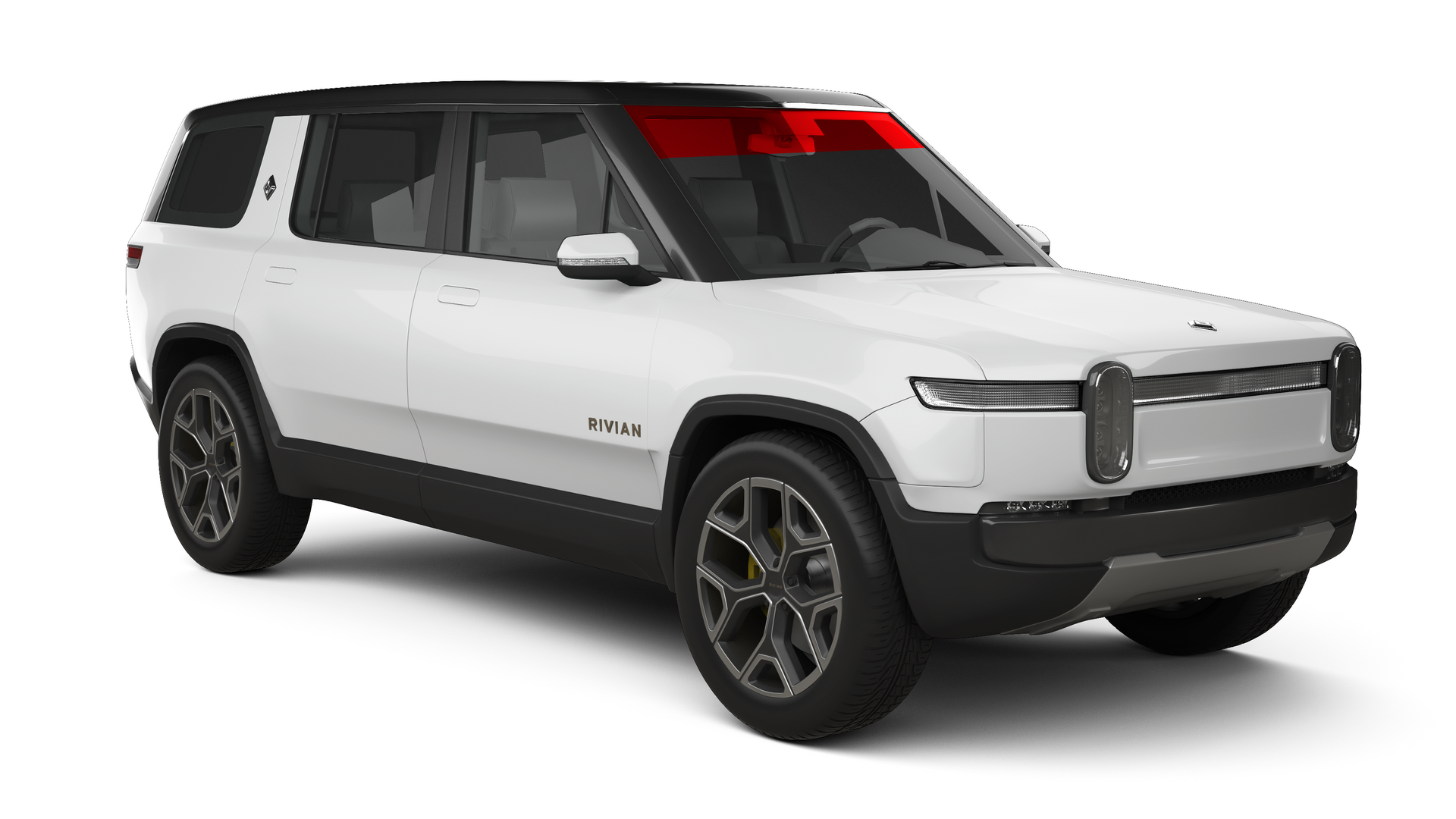 White Rivian SUV with a black roof and red highlighted windshield area.