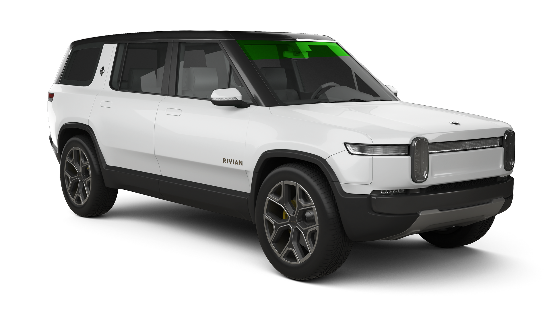 White Rivian SUV with a black roof, green highlights on the windshield, and dark gray wheels.