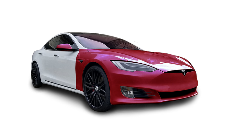 Two-toned red and white Tesla car with black wheels, set against a white background.