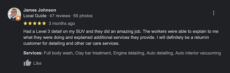Customer review: James Johnson, 5-star rating, mentions Level 3 detail on SUV, satisfied with service and explanations.