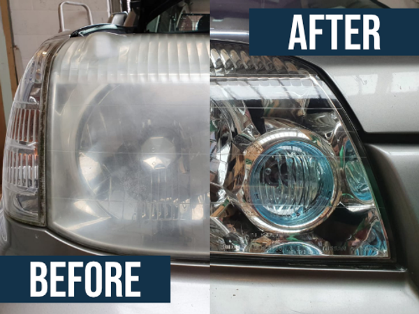 Car headlight before and after cleaning; left side dull, right side clear and bright.