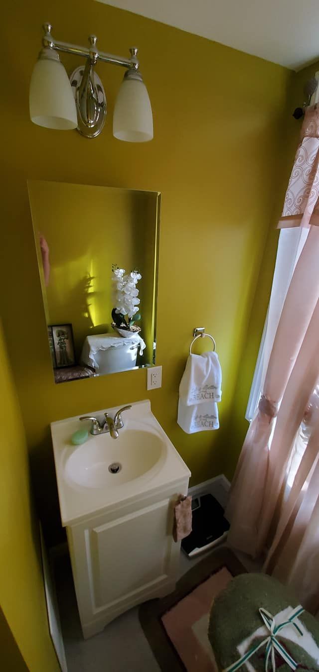 A bathroom with a sink , mirror and shower curtain.