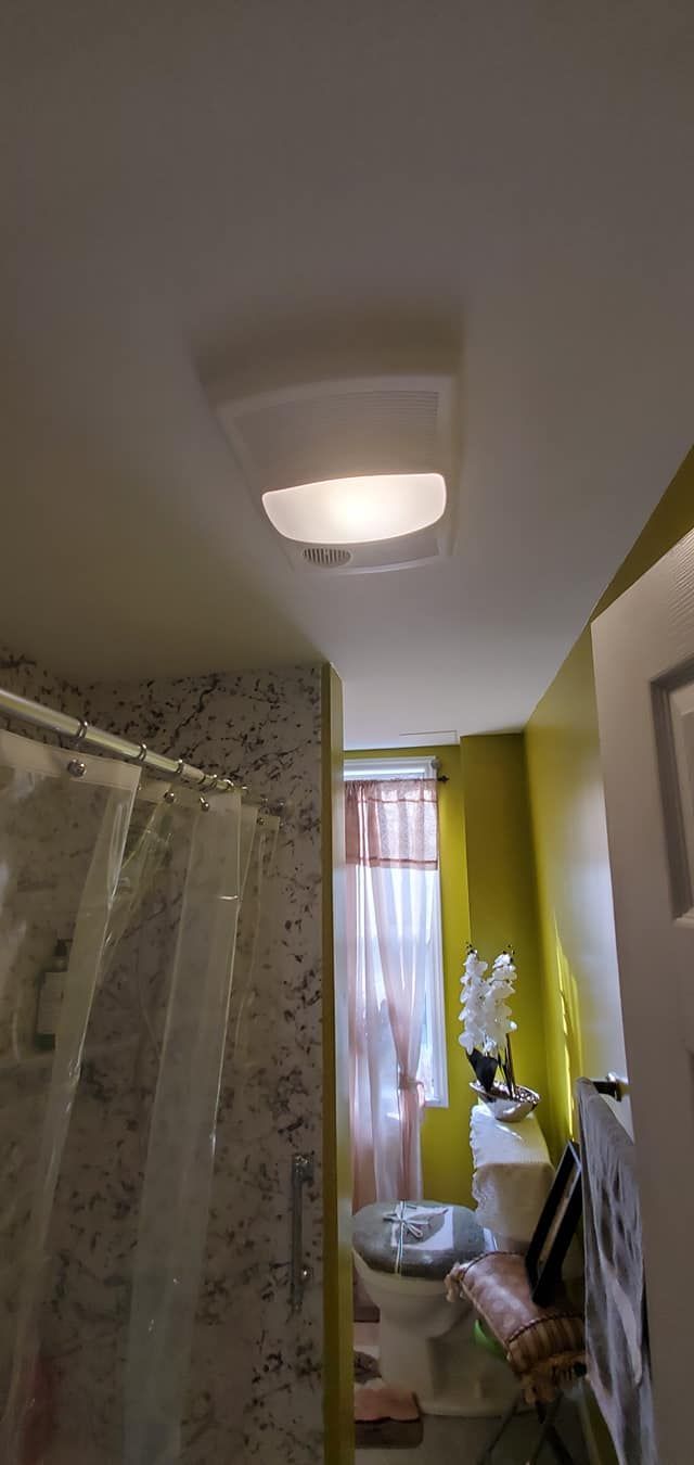 A bathroom with a toilet , shower , and ceiling light.