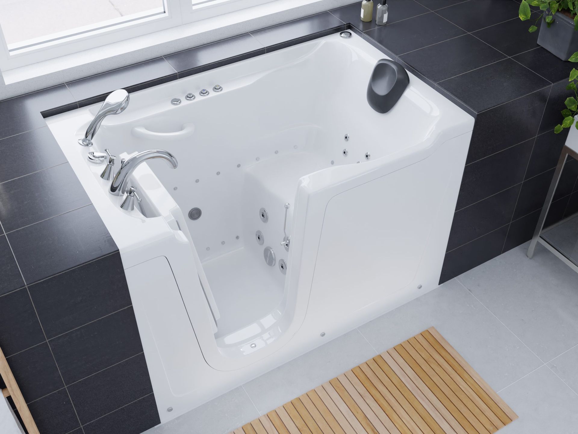 White walk-in bathtub with a seat, door, and jets, installed in a bathroom with black tile.