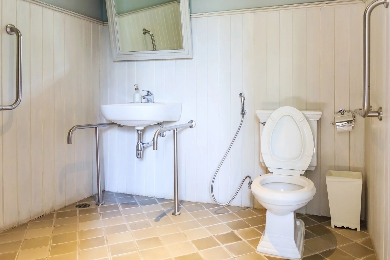 Bathroom with white toilet and sink, grab bars, and bidet sprayer.