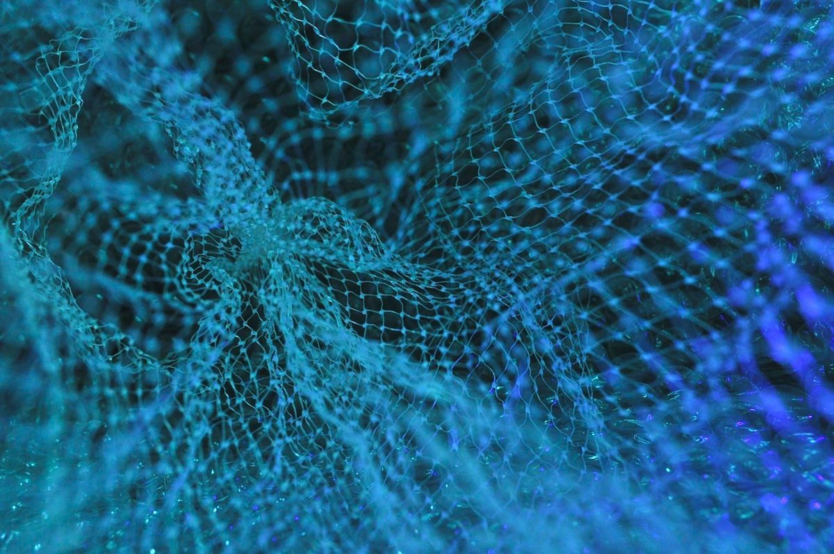 Abstract blue web-like structure, possibly fabric, with a shimmering effect.