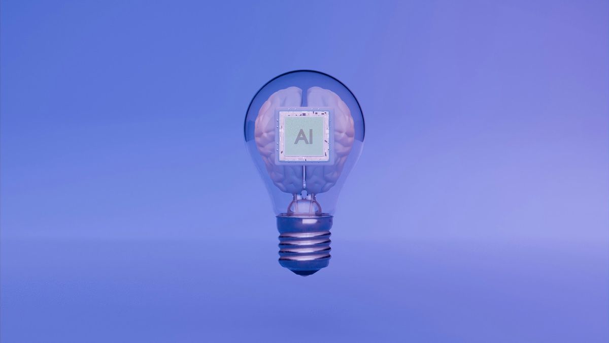 A lightbulb against a purple background, containing a human brain with an 