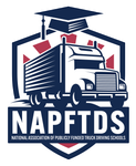 Logo for National Association of Publicly Funded Truck Driving Schools: truck, graduation cap, and text