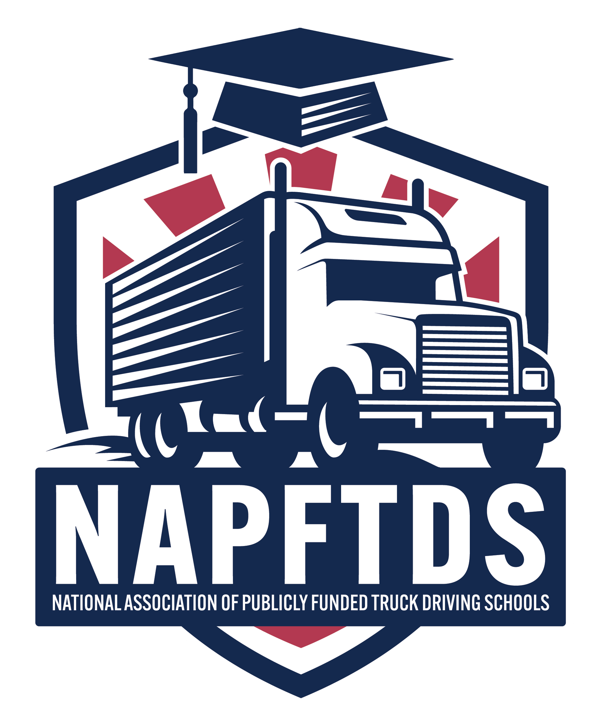 Logo for NAPFTDS: truck within a hexagon, mortarboard on top, text