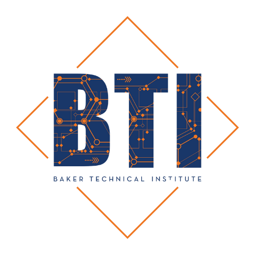 Logo for Baker Technical Institute: Blue initials BTI with circuit board pattern, inside an orange diamond shape.