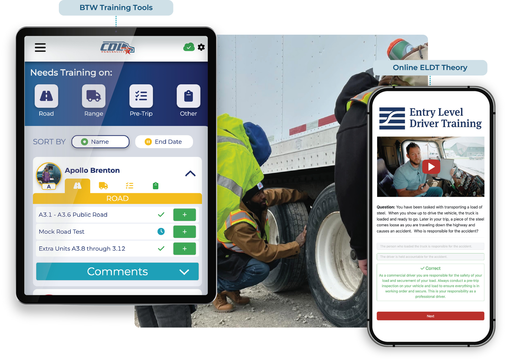 Inspector in orange vest and hard hat observes a truck. Another worker stands by the truck. Outdoor setting.