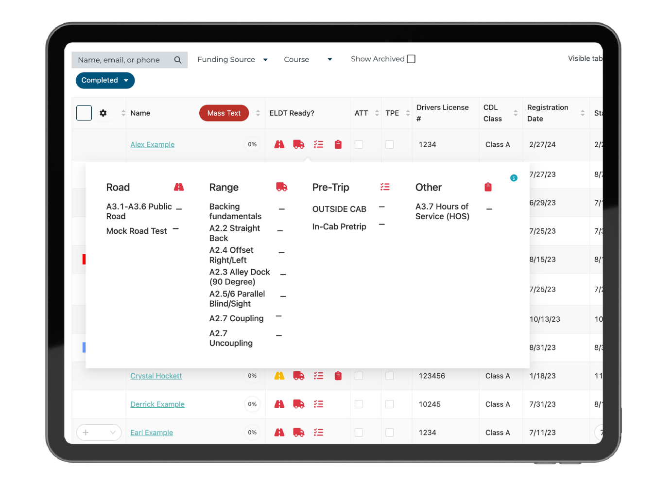 A tablet with a list of entry-level driving training for CDL training requirements