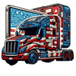 a red white and blue semi truck with an american flag on the side symbolizing American made software CDL PowerSuite