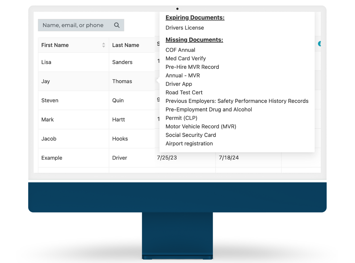 a computer monitor with a picture of a list of CDL students with expiring documents for DQ files. 