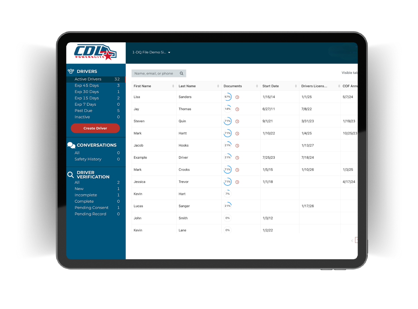 A tablet with a list of cdl drivers dq files. They have their names and expiring DQ files for FMCSA compliance