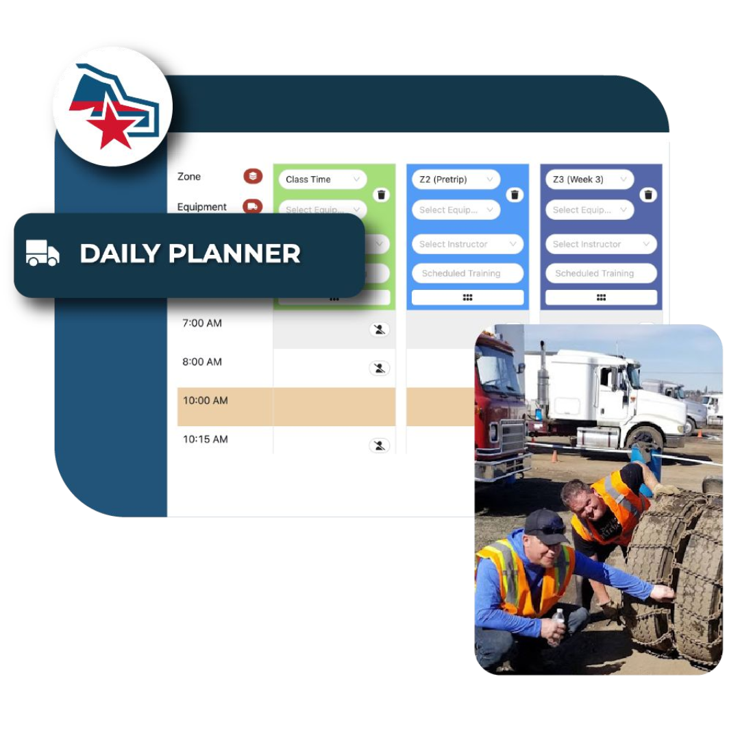 A screenshot of a daily planner with two men working on a truck tire.