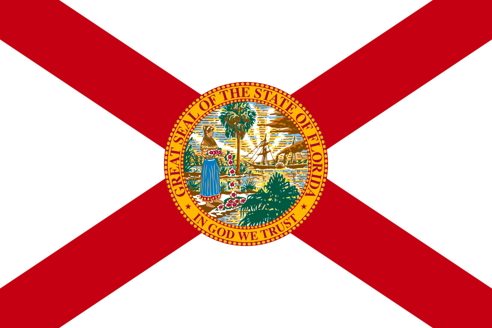 Flag of North Carolina: Blue union with white star, gold letters N and C, and red and white horizontal bars.