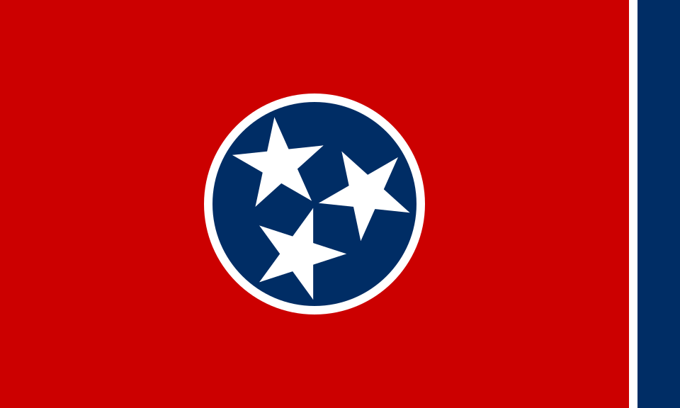 Flag of Georgia: Blue field with white stars around Georgia's state seal; red and white stripes on the right.
