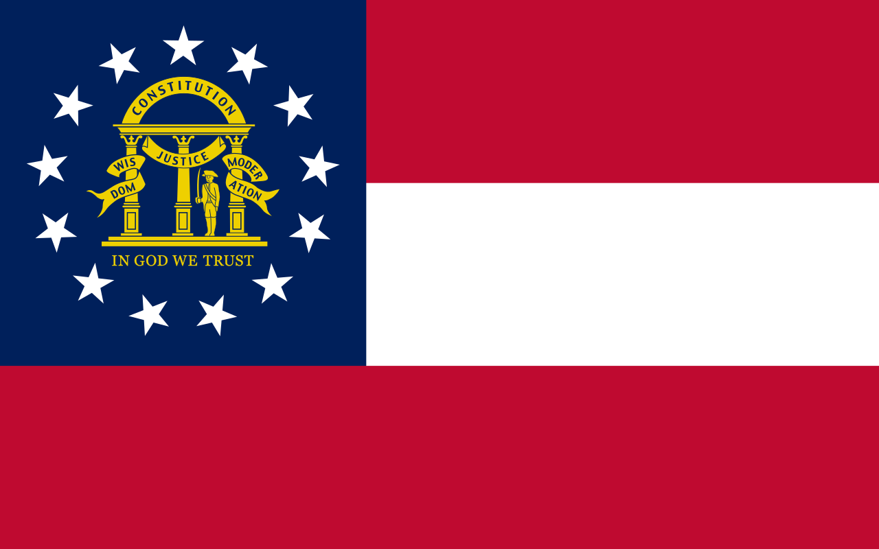 Flag of Georgia: Blue field with white stars around Georgia's state seal; red and white stripes on the right.