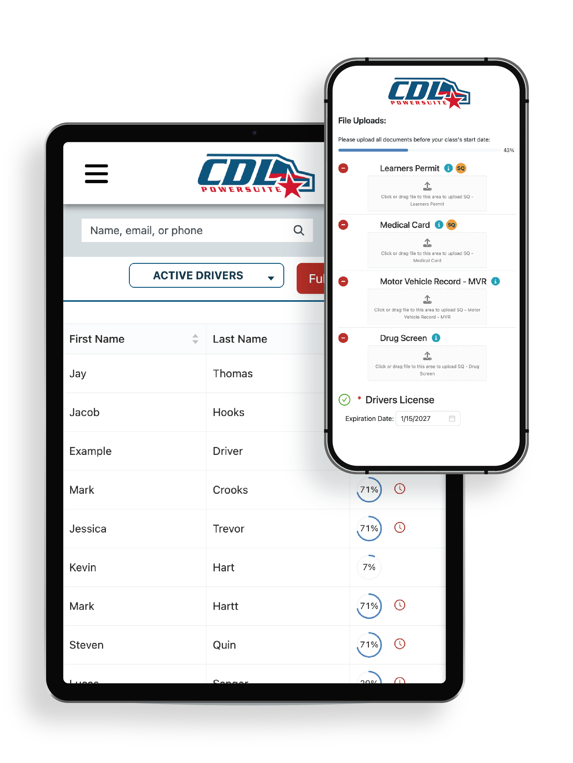 a tablet screen shows CDL PowerSuites dashboard with a list of CDL students