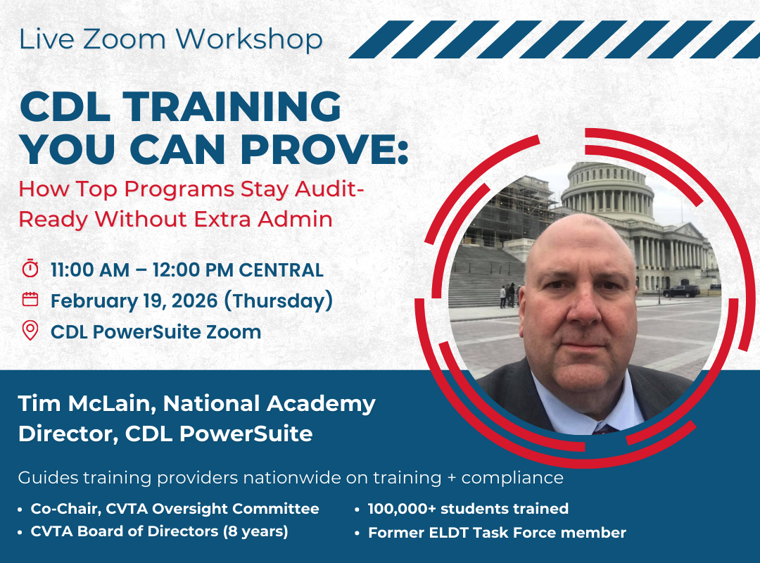 Workshop: CDL training. Speaker: Tim McLain. Date: February 19, 2028. Topics: audit readiness, compliance.