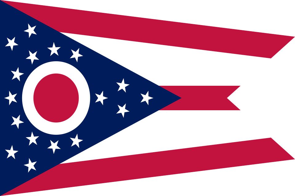 Ohio state flag, a swallowtail burgee with red and white stripes, a blue triangle at the hoist, and a white and red circle suggesting the letter O.