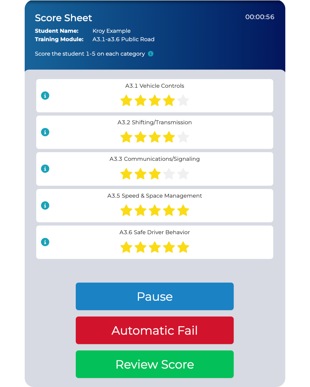 Student Proficiency Star Ratings shows A score sheet with buttons to indicate student proficiency