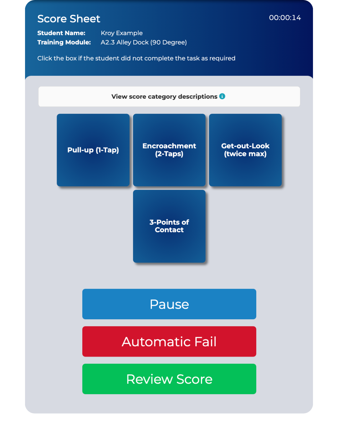 Behind The Wheel State Test Evaluation. A score sheet with a pause button , automatic fail button , and review score button.