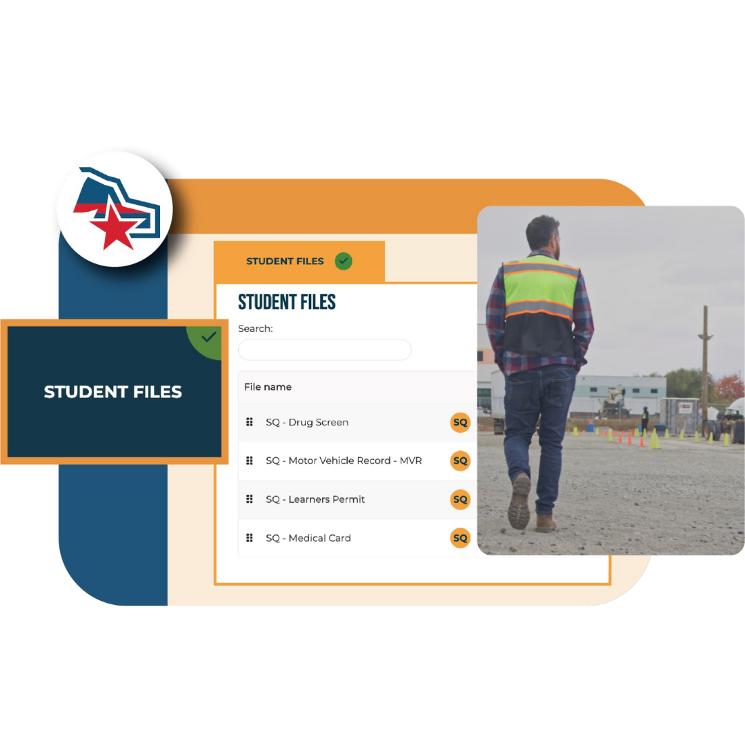 A man in a plaid jacket is walking in a CDL training school yard. CDL PowerSuite interface indicating Student File retention.